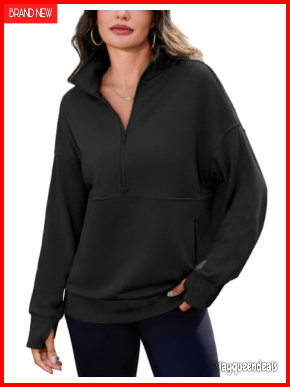 Half Zip Oversized Sweatshirt Drop Shoulder Pullover with Thumb Holes Pockets